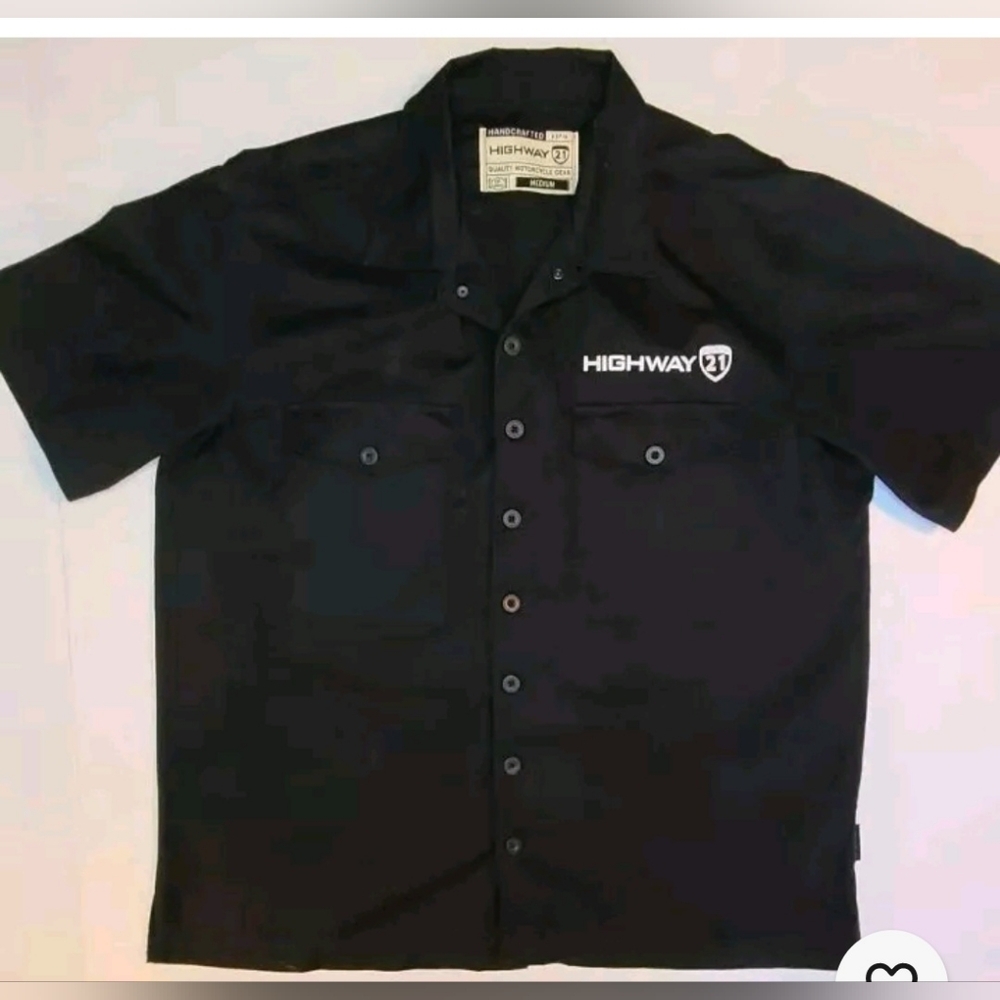 Highway 21 Mens Size Medium Motorcycle Black Logo Button Up Shirt Mechanic